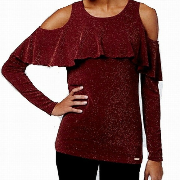 Michael Kors Ruffled Cold-shoulder Merlotgold Xl - Picture 1 of 4